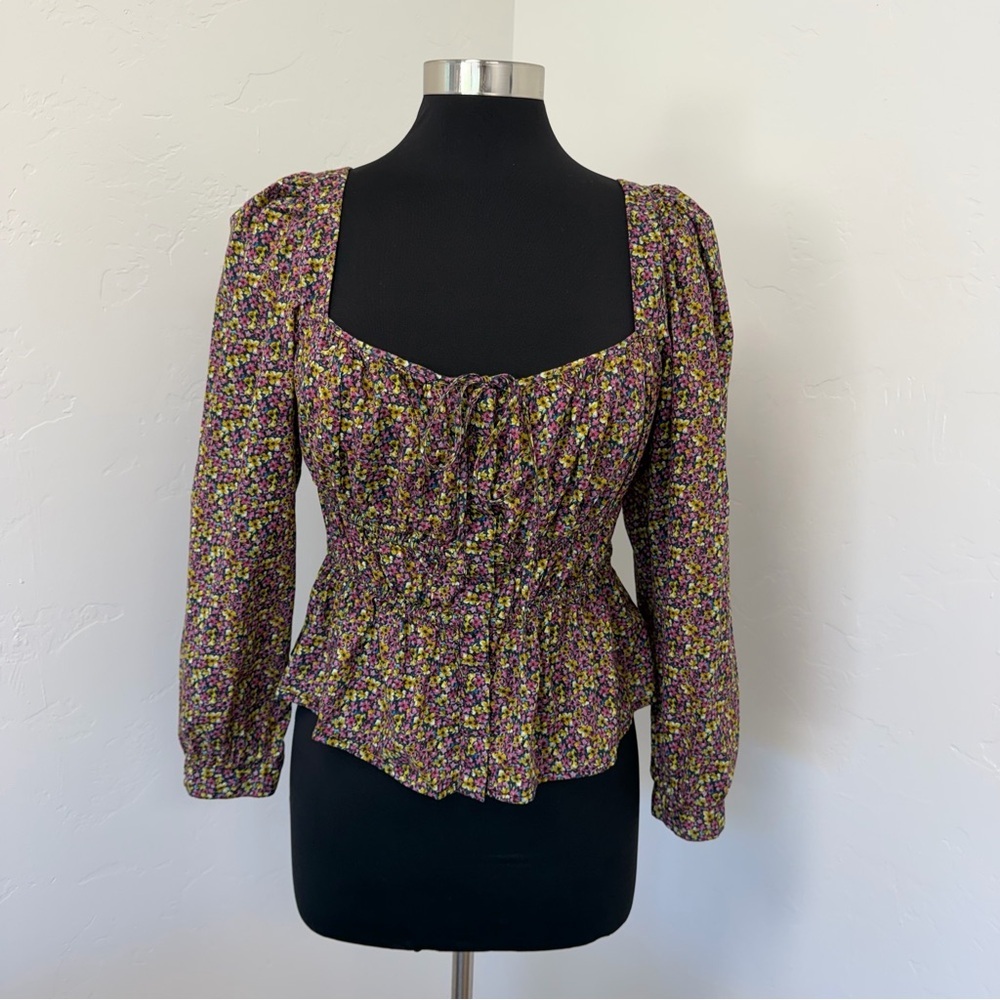 J. Crew Liberty Busy Izzy print Cinched-waist Smocked Square-Neck Blouse Size 14 - Picture 3 of 13
